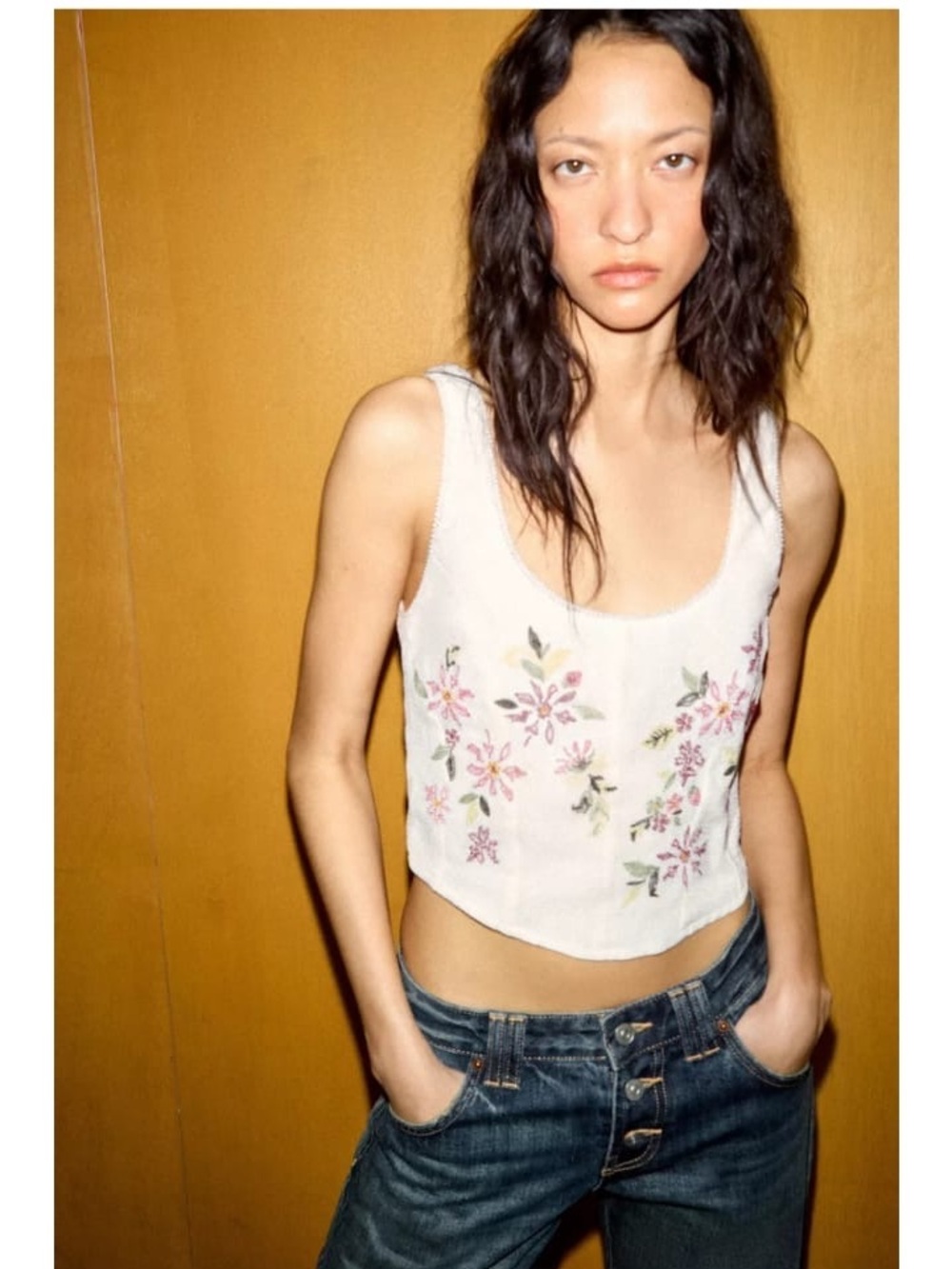 Zara White Floral Embroidered Cropped Camisole